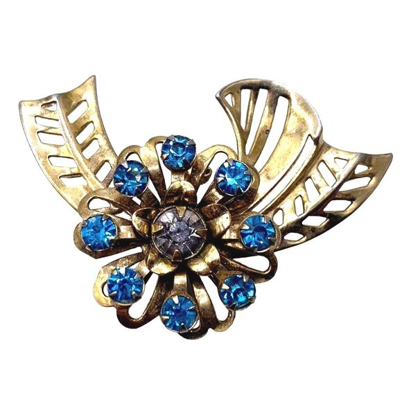 Vintage Blue Faceted Flower Gold Tone Fashion Brooch Pin Open Work Round Stones - Picture 1 of 9